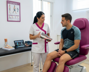 Podóloga revisando una zapatilla de running y dando consejos sobre calzado deportivo a un paciente para prevenir lesiones en la Clínica Cristina González Batalla.